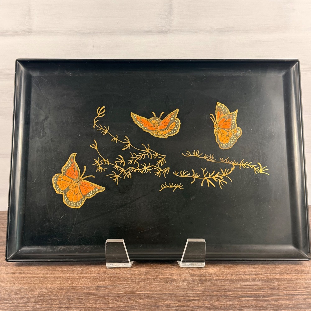 Vintage Couroc of Monterey Butterfly Inlaid Phenolic Serving Tray 18x12.5 Black